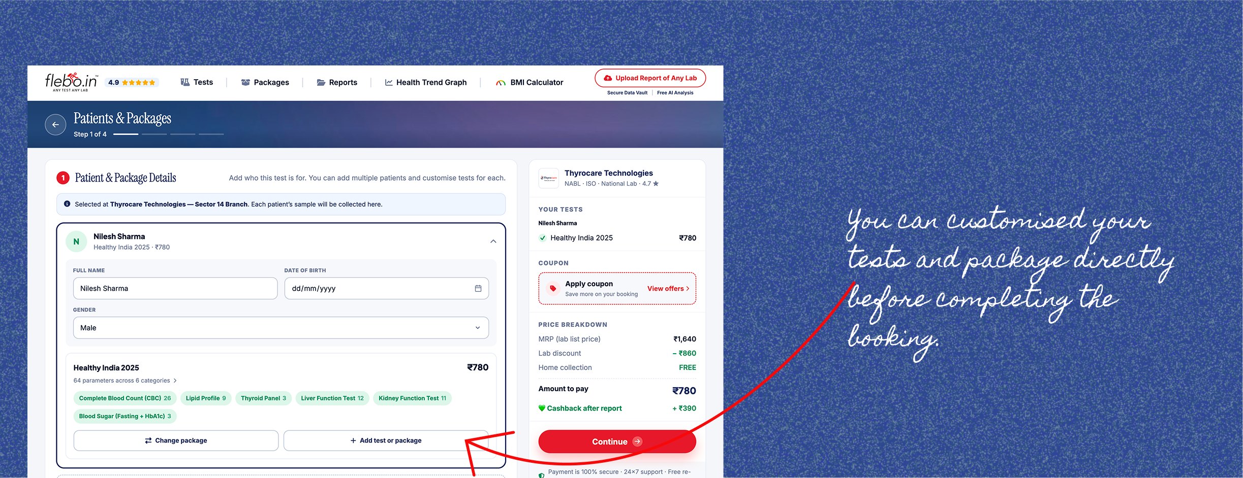 Booking flow: patient and package details with an intact package