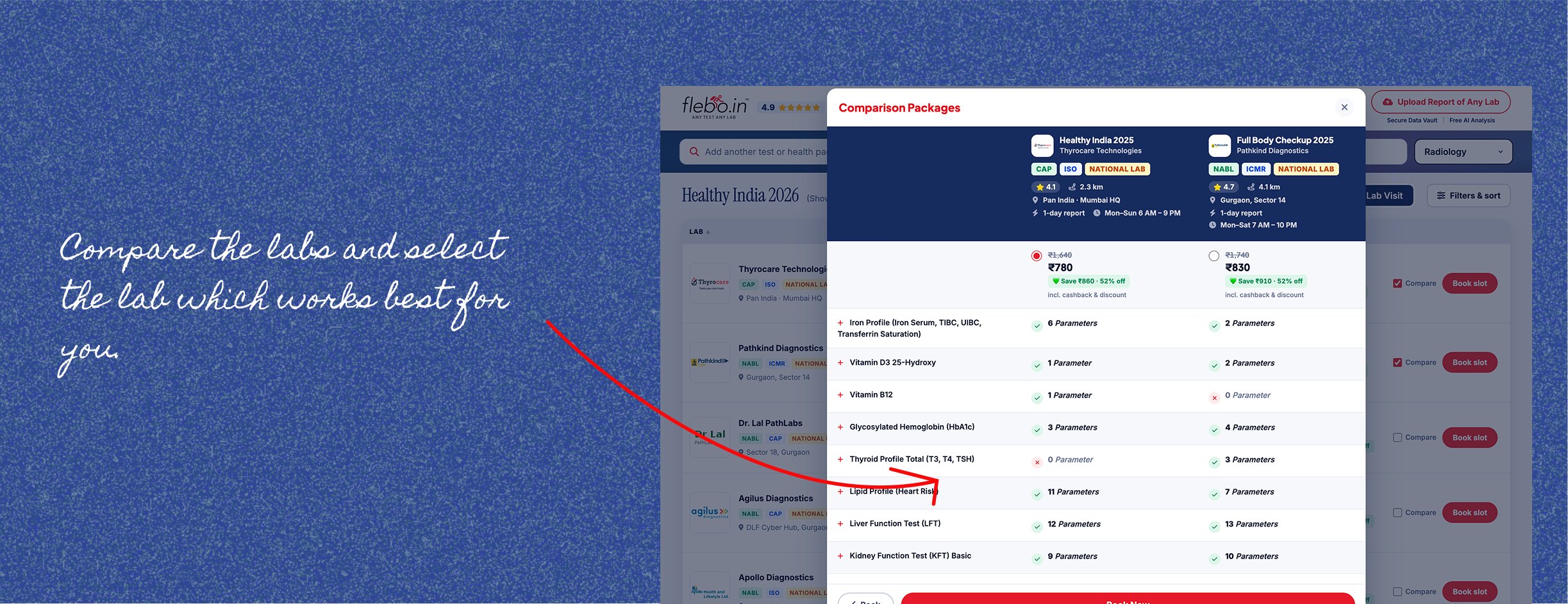 Side-by-side package comparison modal