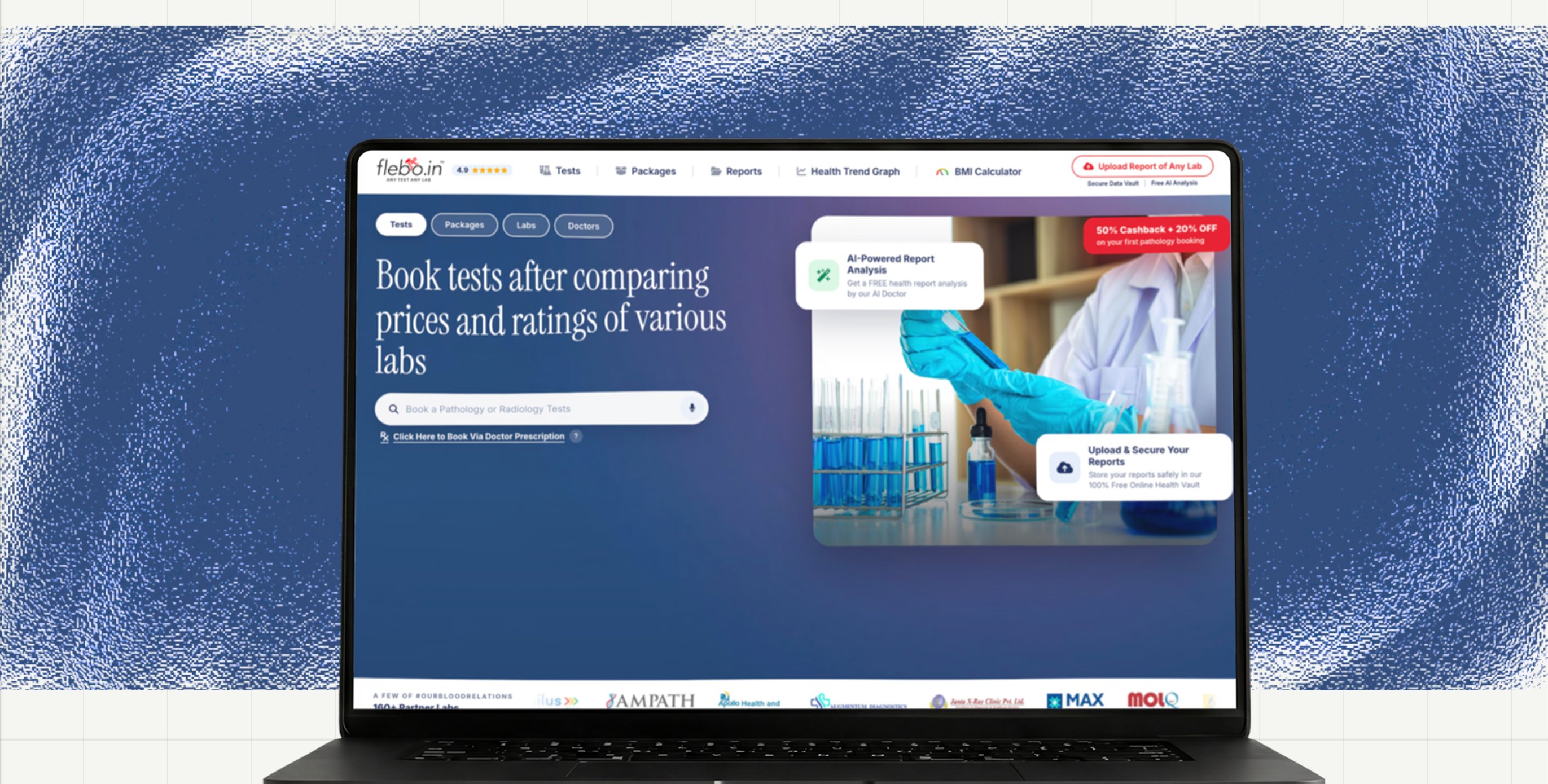 Flebo redesign on a MacBook over a textured blue backdrop