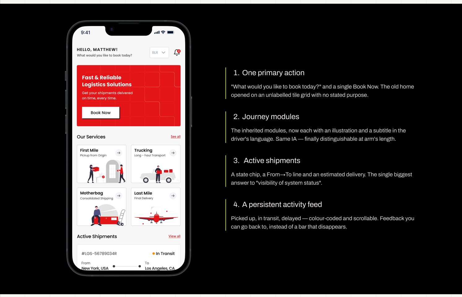 Redesigned D2D home screen with four annotations: one primary action, journey modules, active shipments, a persistent activity feed