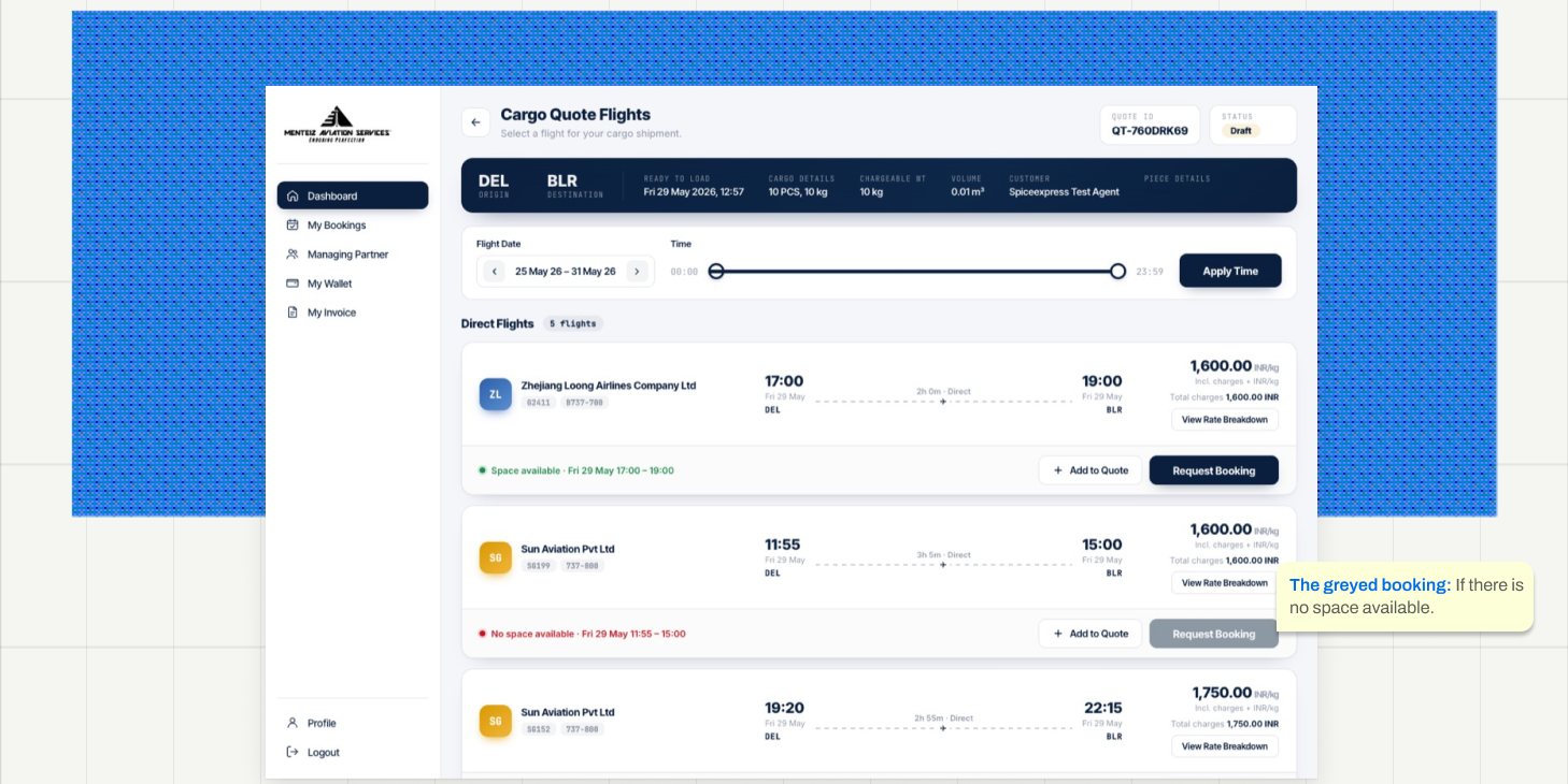 Cargo Quote Flights screen with the shipment summary pinned in navy and a greyed-out booking where there is no space