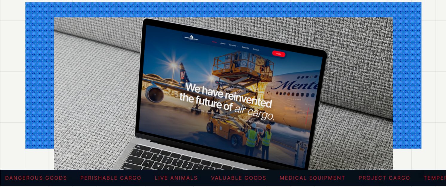 Menteiz homepage on a MacBook with the capability ticker beneath