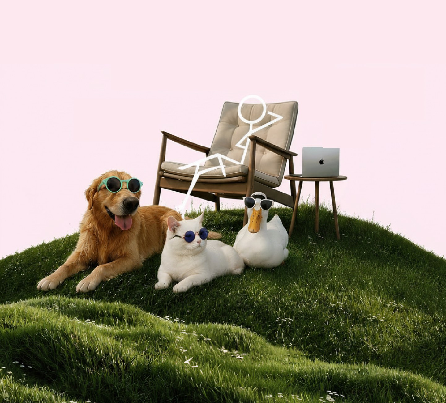 Dog, cat and duck in sunglasses lounging on a grassy hill